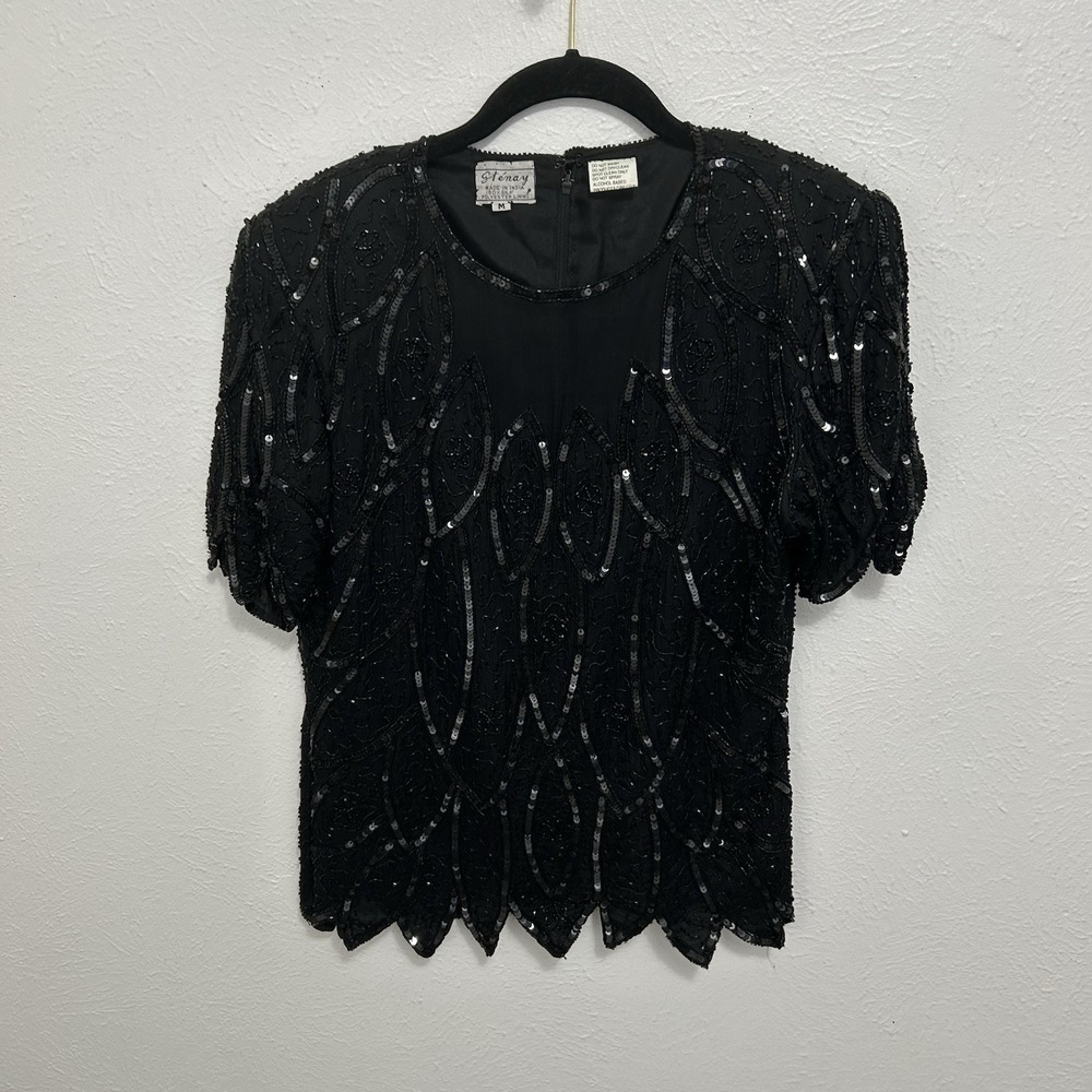 Stenay Top Women Size M Black Beaded Sequin Silk Evening Blouse Short Sleeve Vtg